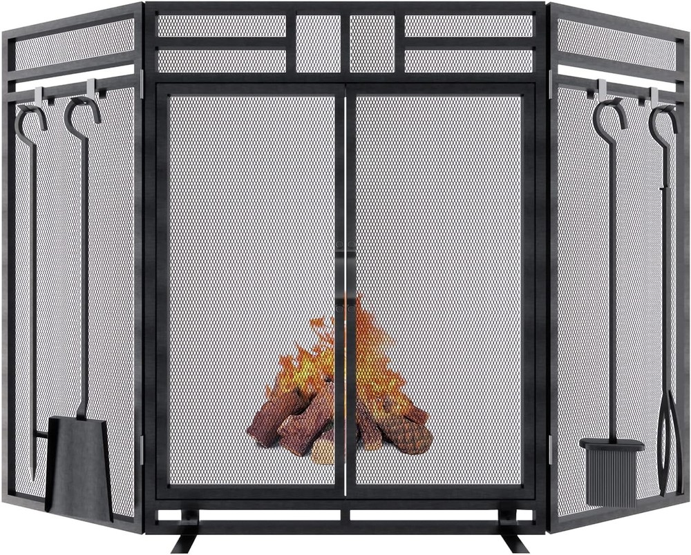 Fireplace Screen with Doors and Tools Set,3 Panel Foldable Metal Fireplace Guard