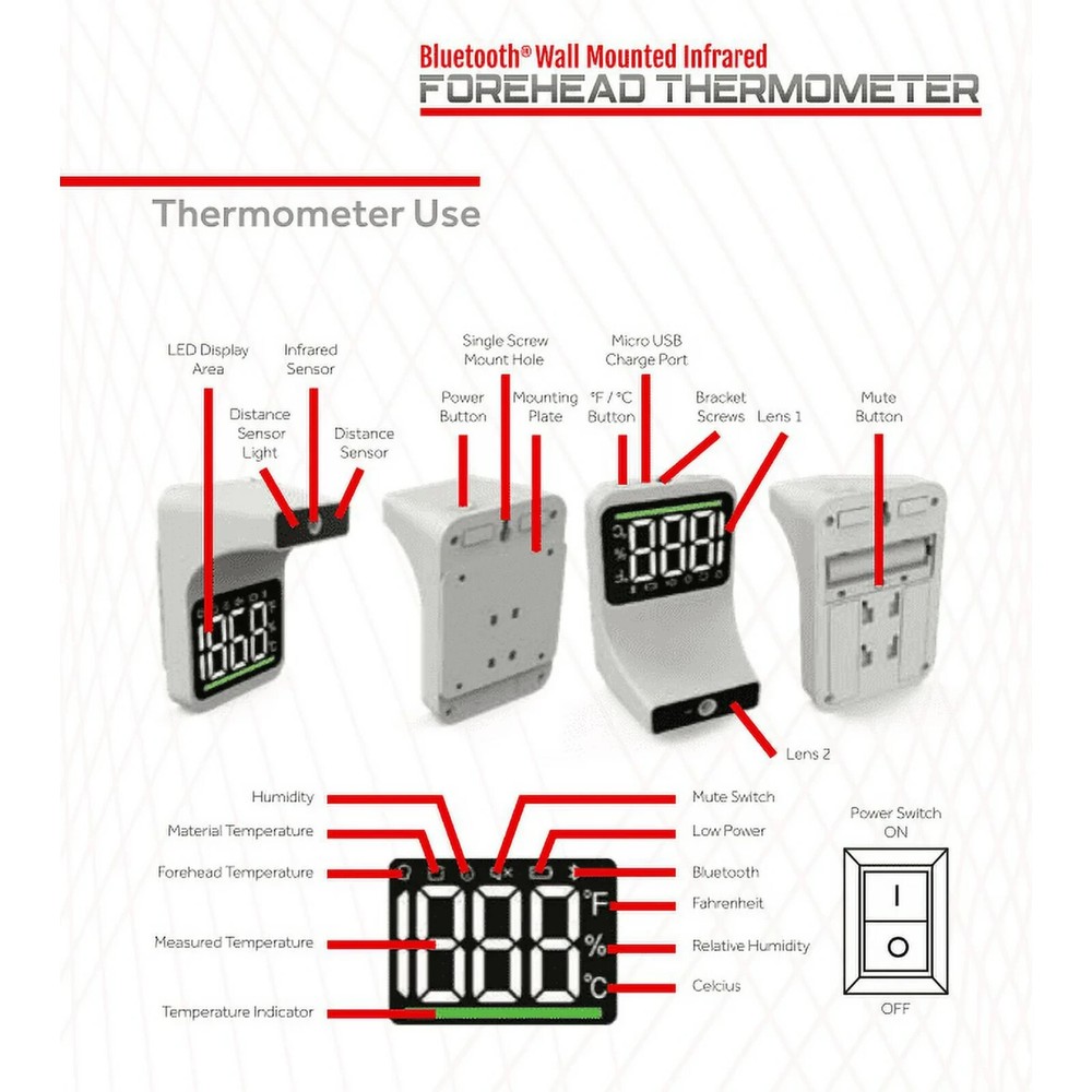 BWell Bluetooth Wall-Mounted Contactless Infrared Forehead Thermometer with Larg