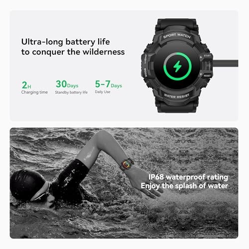 Military Smart Watch with Flashlight (Answer/Make Call) Compass, Black