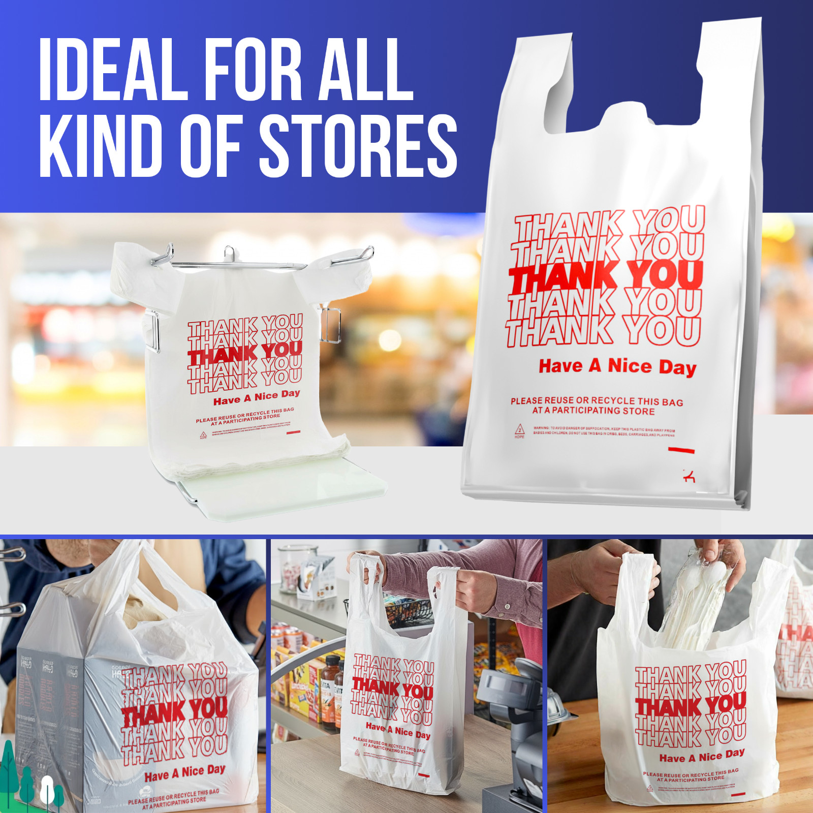 Thank You Plastic T-Shirt Bags 11.5x6.5x21 for Grocery Retail Shopping 100 pack