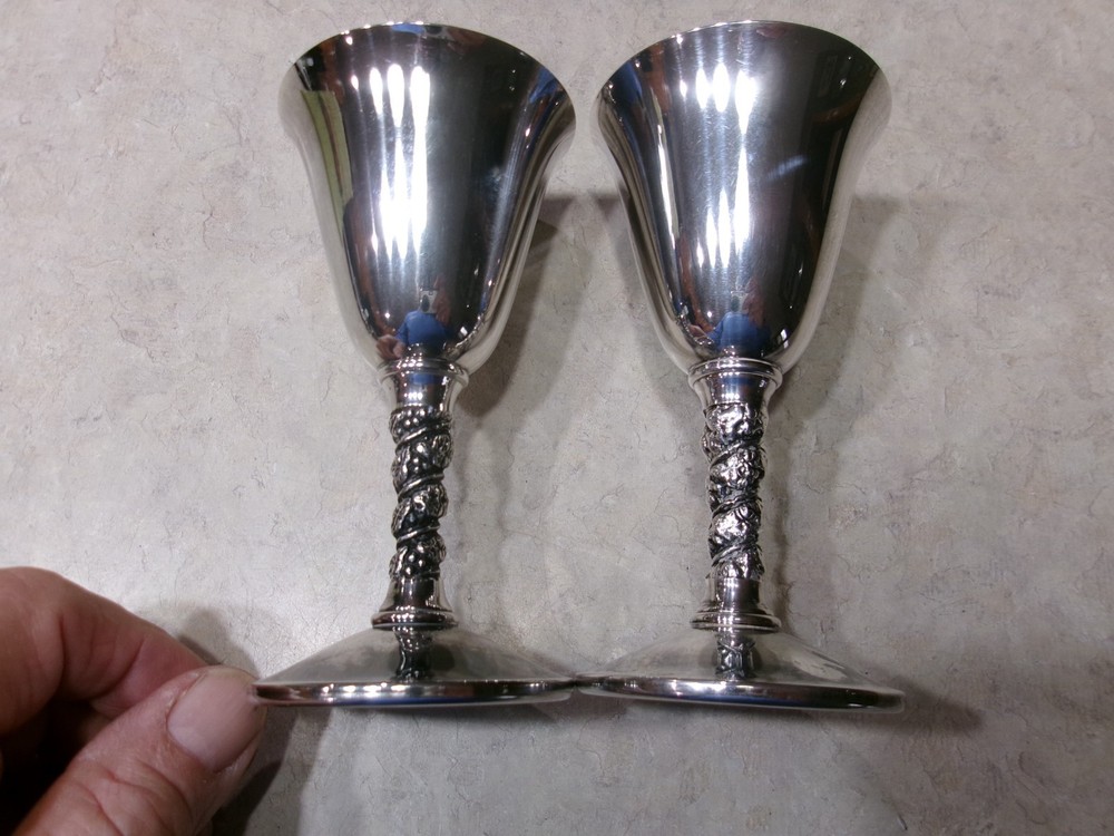 2 - Vintage Silver-Plated Wine Goblet Stemware-Spain-Twisted Grapevine Stem