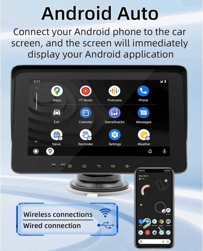 Wireless Carplay & Android Auto Portable 7 Inch Touchscreen Car Stereo Bluetooth