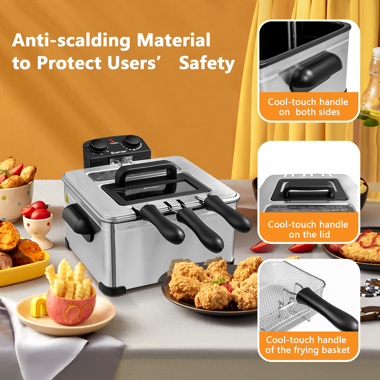 Costway Electric Deep Fryer 5.3QT/21-Cup Stainless Steel 1700W w/ Triple Basket