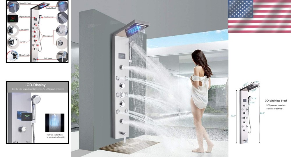 6-Function Brushed Nickel LED Shower Panel Tower System - Spa Experience at Home