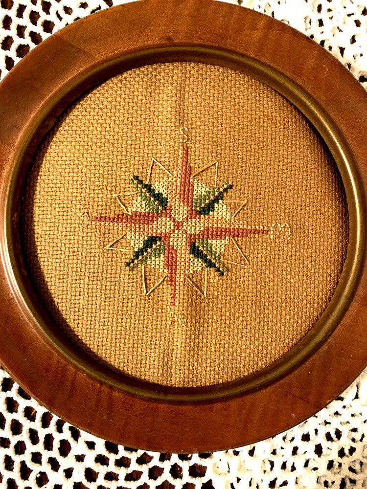 2 Vintage Framed Completed Petit Finished Needlepoint "Navigation" 8" Round