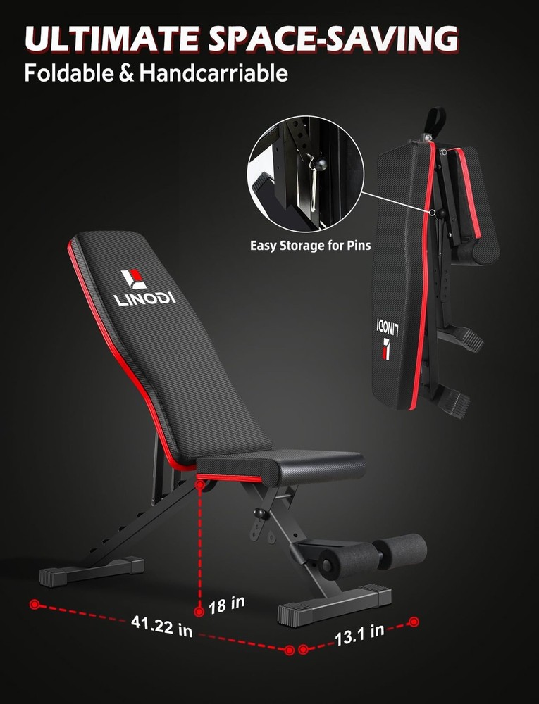LINODI Adjustable Weight Bench for Home Gym，Foldable Incline Decline Flat