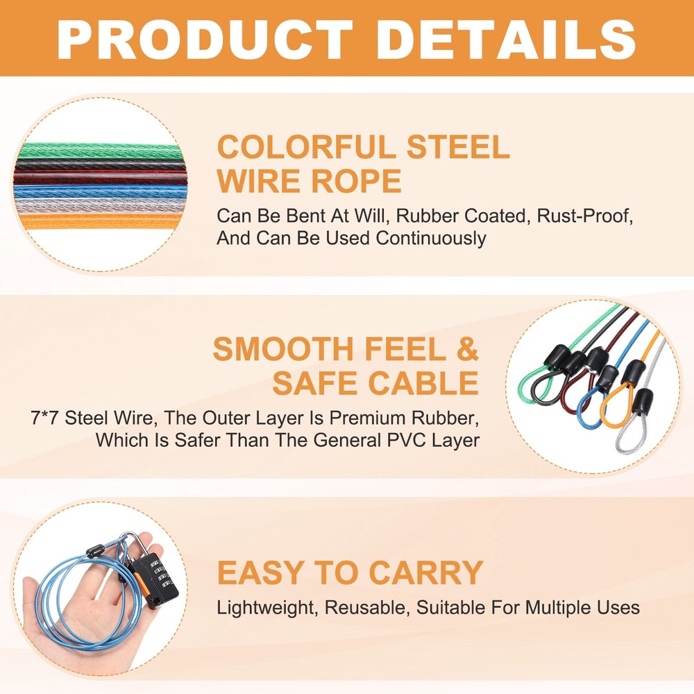 Security Steel Cable Digit Combination Lock, 4.9Ft Coated Silver Wire Lock