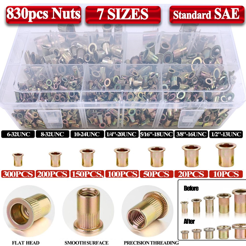 830PCs SAE Rivet Nut Kit For Rivnut Tool Nut Setter Thread Setting Nutsert Gun