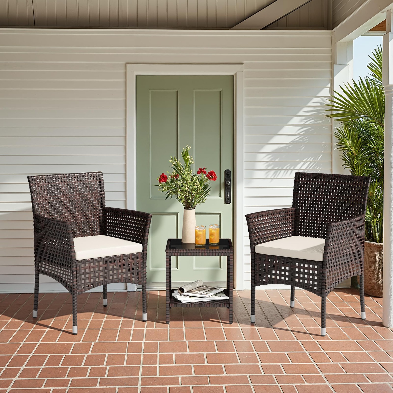 3-Piece Patio Conversation Set Wicker Rattan with Coffee Table Dark Brown Beige