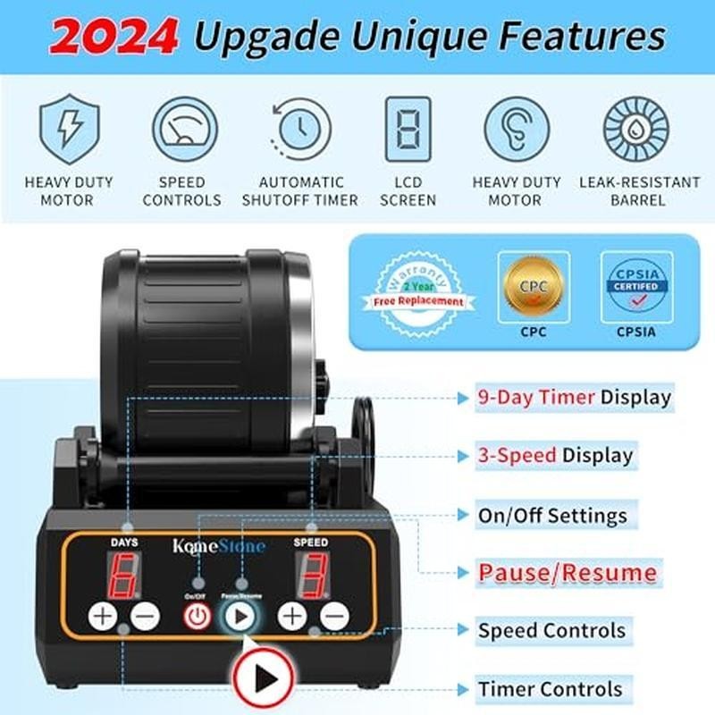 Rock Tumbler Kit Large Capacity Digital Timer Memory Function Full Accessories