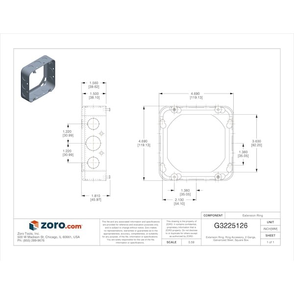 Raco 250 Extension Ring, 2 Gangs, Galvanized Steel, Square Box Type