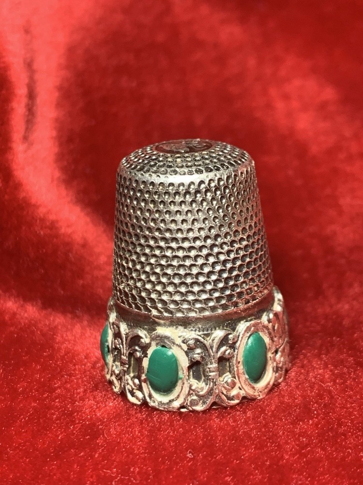 Antique 800 Silver Thimble w/ Green Cabochons