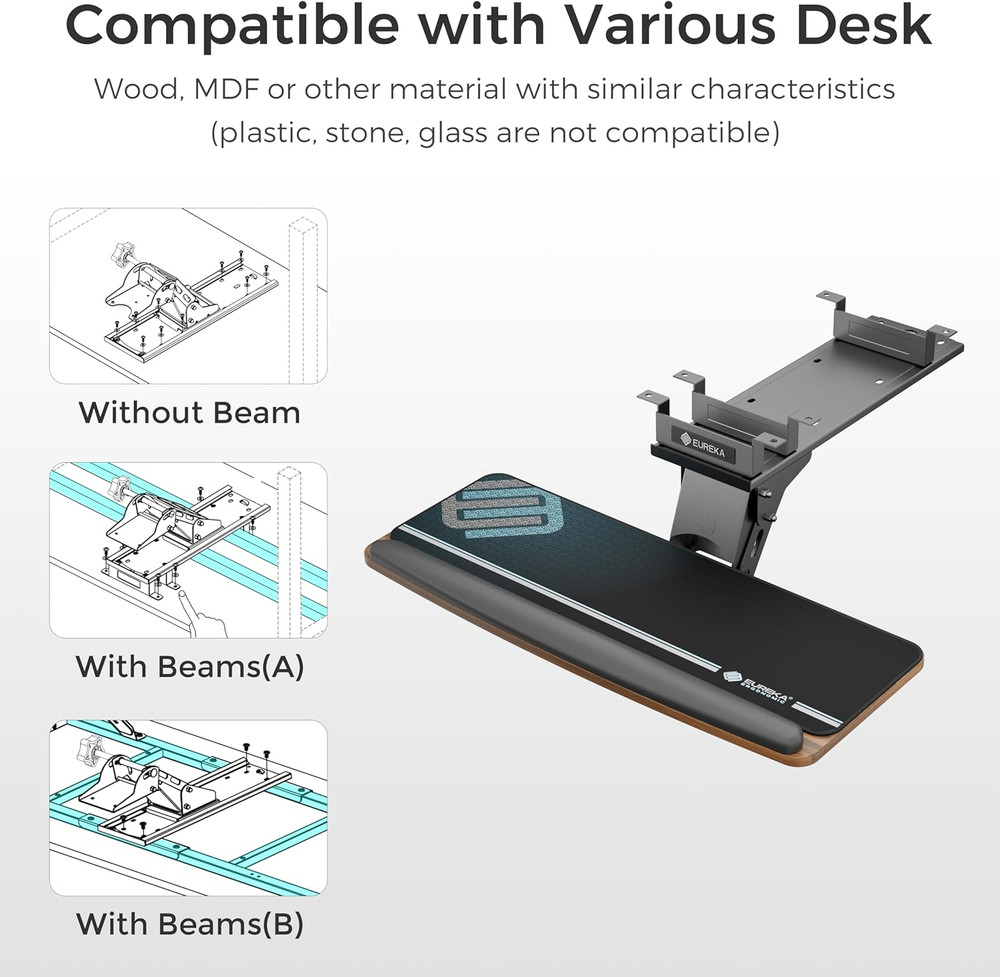 Adjustable Keyboard Tray with Mouse Pad - Walnut Sliding Drawer Under Desk