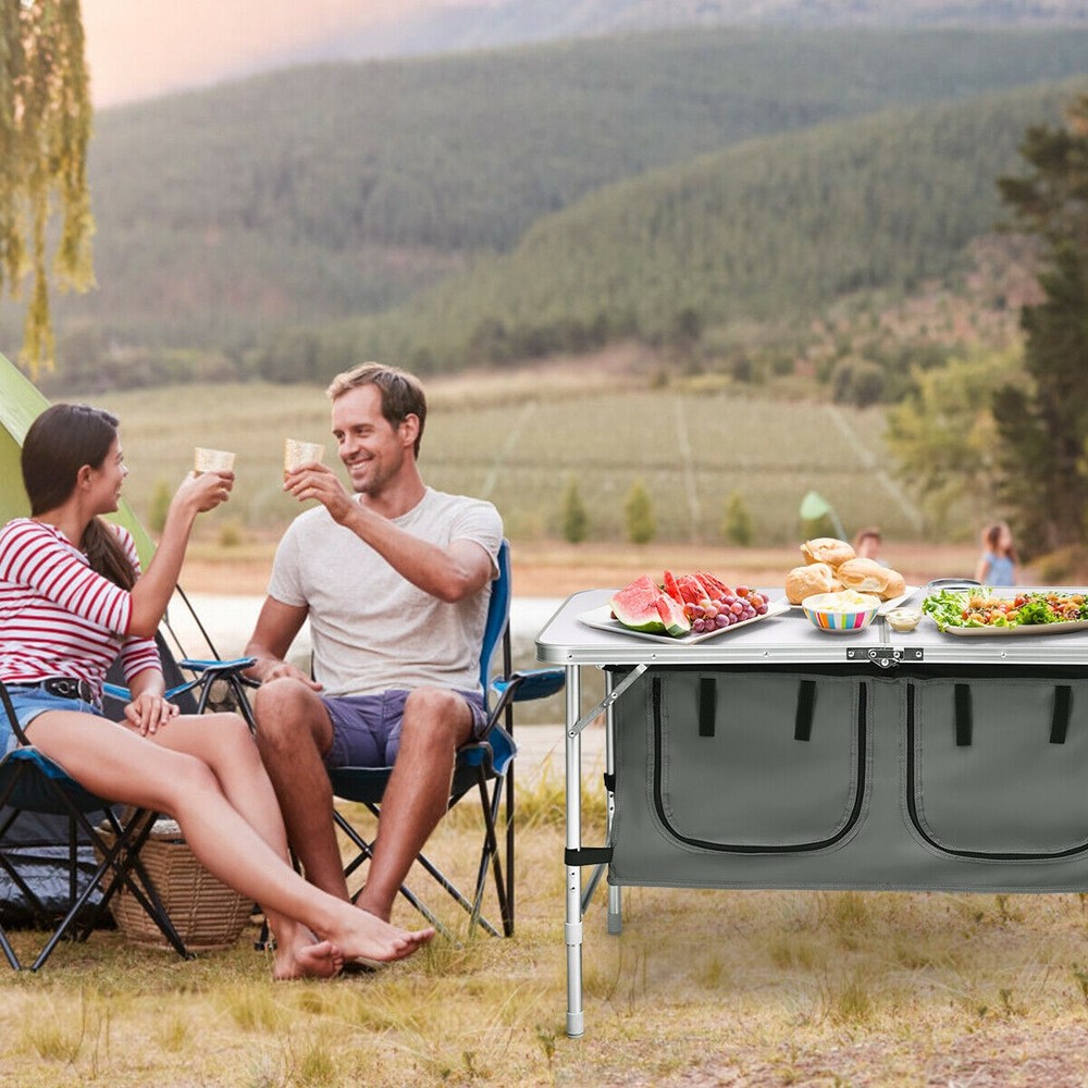 Folding Camping Table Aluminum Height Adjustable w/ Storage Organizer Grey