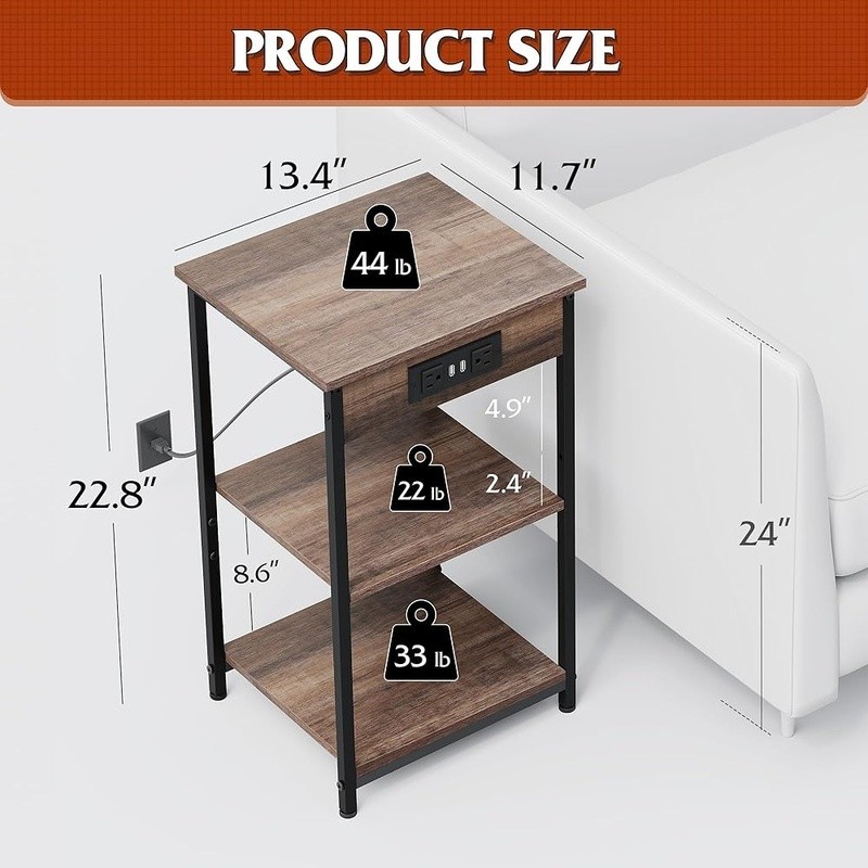 3-Tier Side Table W/ USB & AC Outlets Adjustable Shelf Ideal Small Spaces