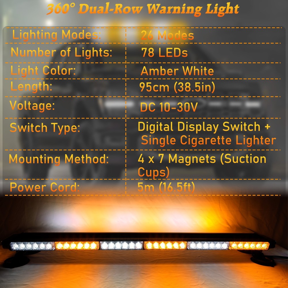 78 LED Amber/White Rooftop Double Side Emergency Strobe Warning Light Bar