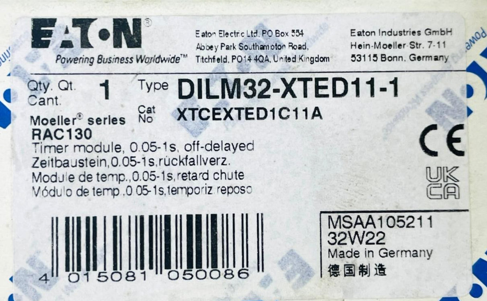 Eaton DILM32-XTED11-1 Off-Delay Timer Module XTCEXTED1C11A