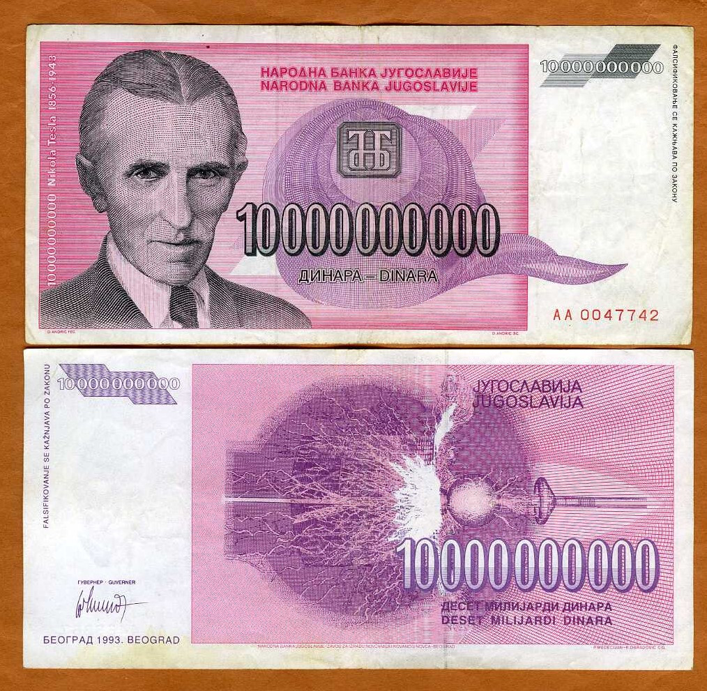 Yugoslavia 10,000,000,000 (10 billion) dnara 1993 P-127 VF Tesla Hyperinflation