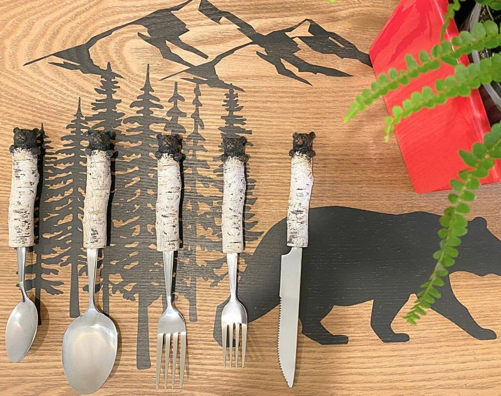 Whimsical Bear Cubs Resin Birch Tree Decorative Flatware 5pc Set