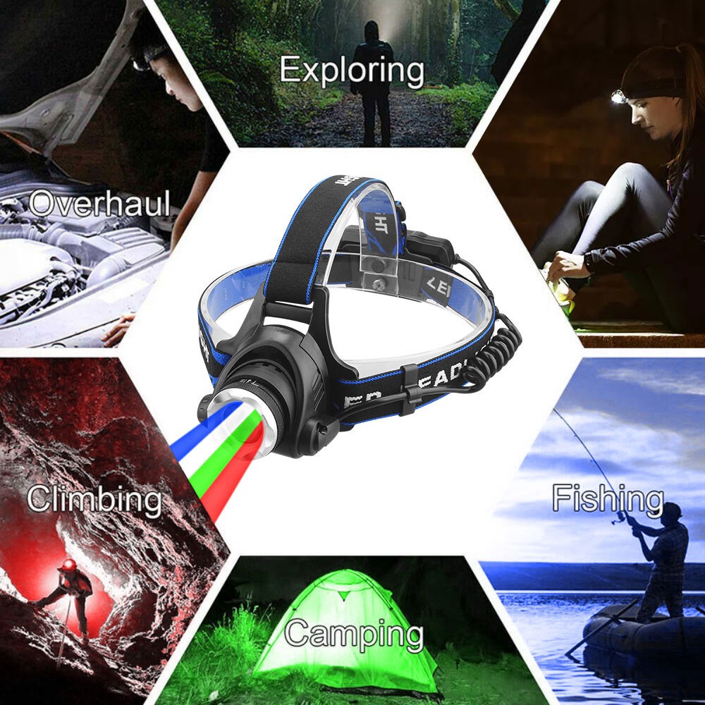 4 in 1 Red/Blue/Green/White Light Source adjustable Headlamp USB Rechargeable