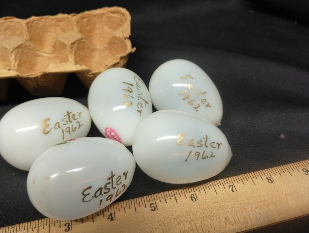Milk Glass Blown Hens Brooding Eggs Easter Themed Hand Painted in 1962
