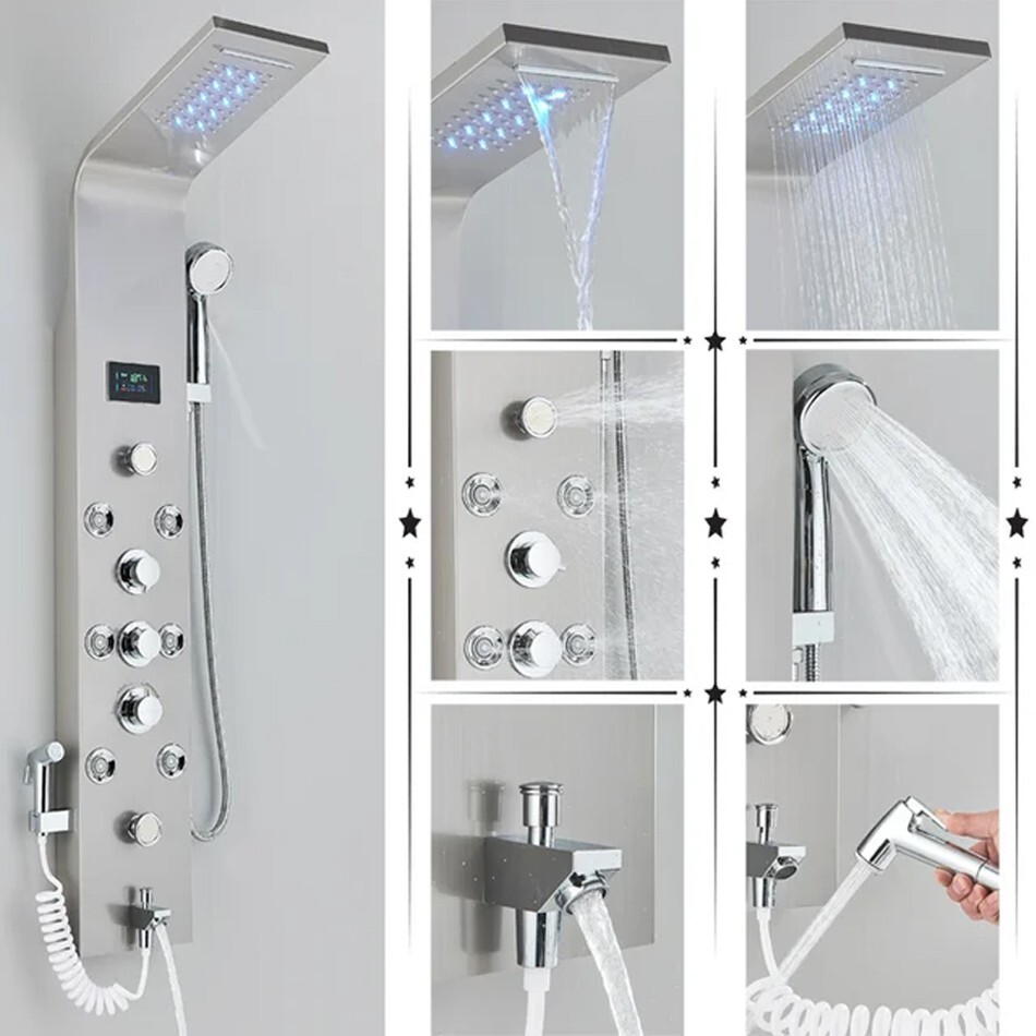 Stainless Steel LED Shower Panel Tower System Rainfall Waterfall Shower Head