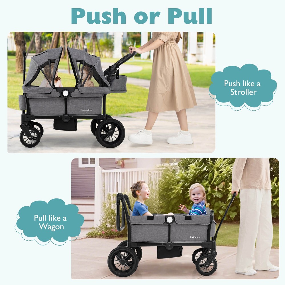 Wagon Stroller for 2 Kids Push Pull Double Stroller with Adjustable Handle