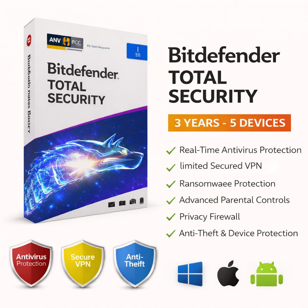 Bitdefender Total Security 2026 - 3 Years 5 Devices  (WINDOWS,MAC,ANDROID)