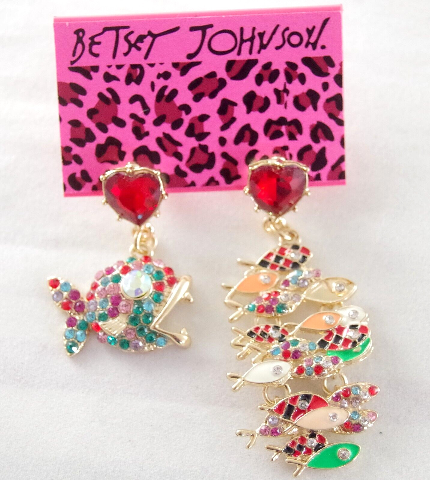 BETSEY JOHNSON ASYMMETRICAL PREDATOR/ SCHOOL OF FISH RHINESTONE DANGLE EARRINGS