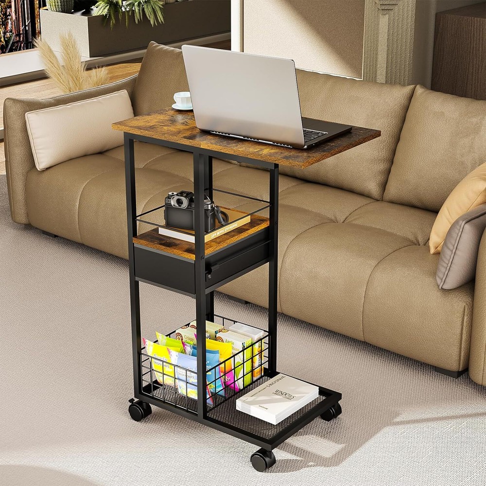 C Shaped Sofa Side Table Couch End Table with Drawer Bedside Table with Wheels