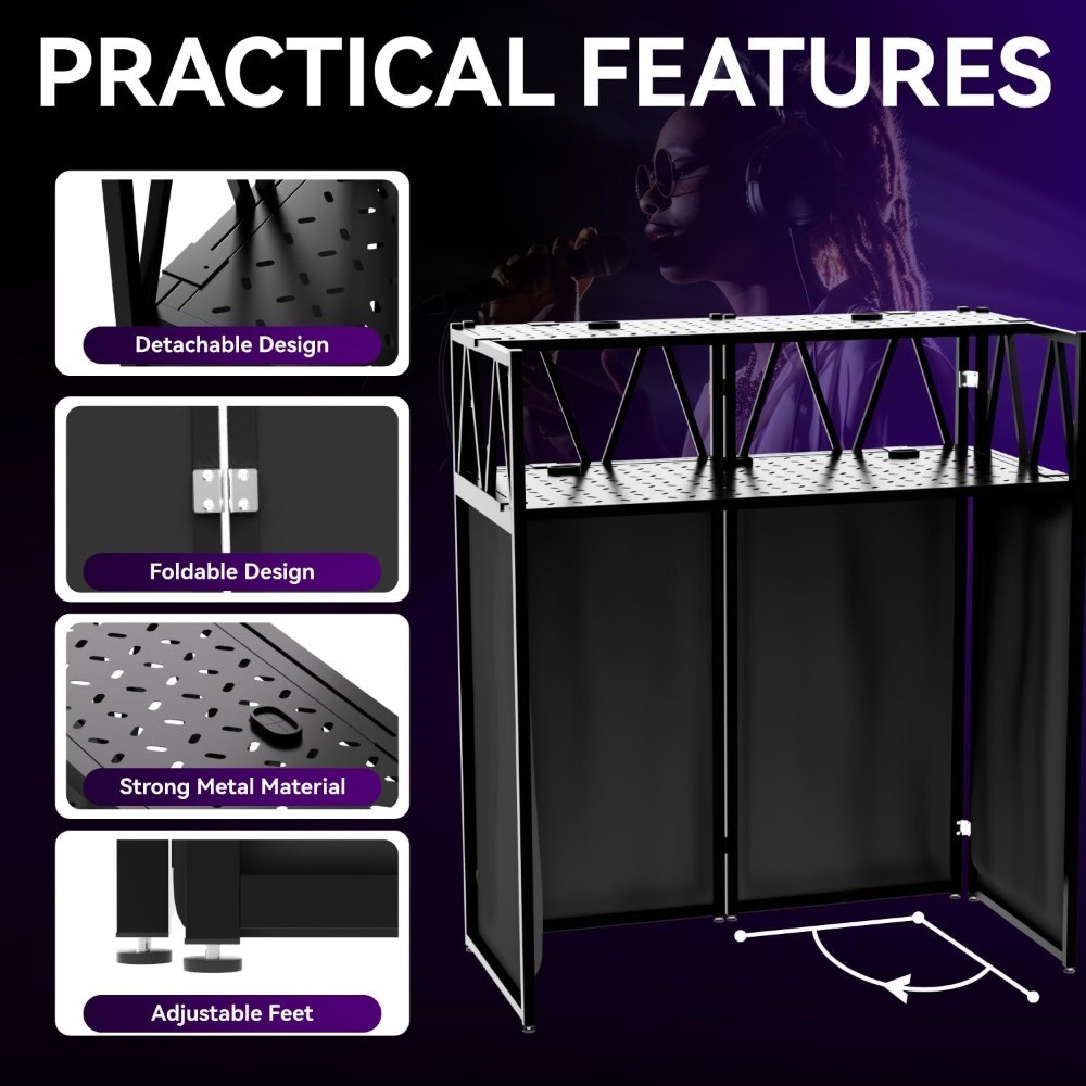 DJ Facade Booth Portable DJ Booth Table, Folding 2-Tier Workstation Table with