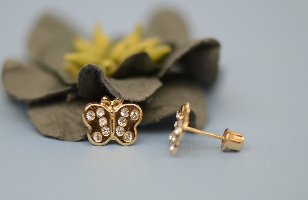 14K Solid Yellow Gold Butterfly Stud Earring with CZ