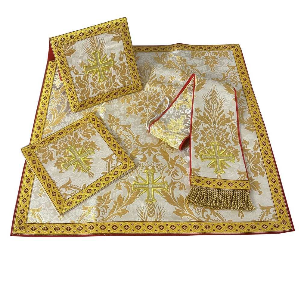 Burse, maniple, chalice pall and veil set- patterned brocade