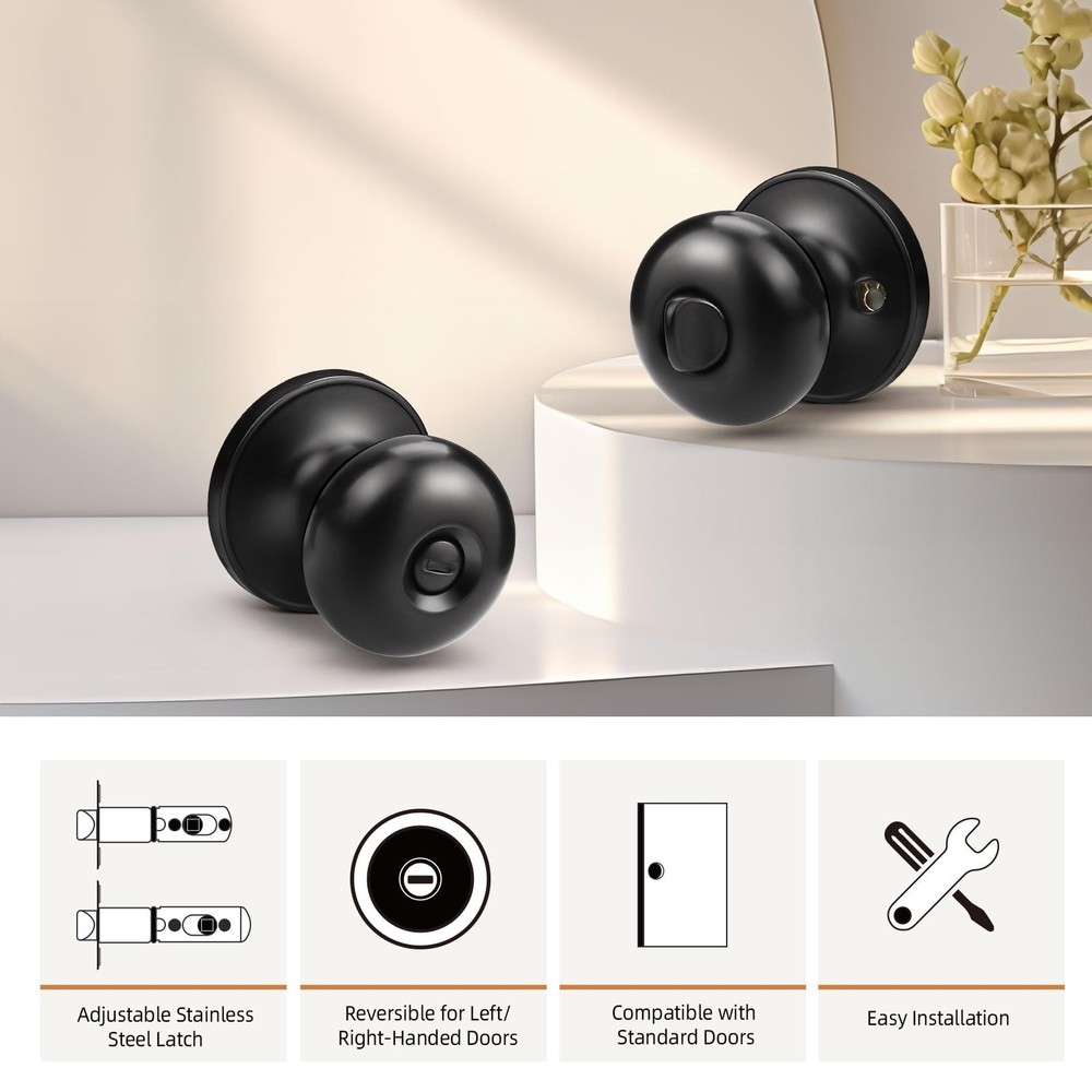 GOBEKOR 5 Pack Matte Black Privacy Door Knobs Stainless Steel Keyless Interio...