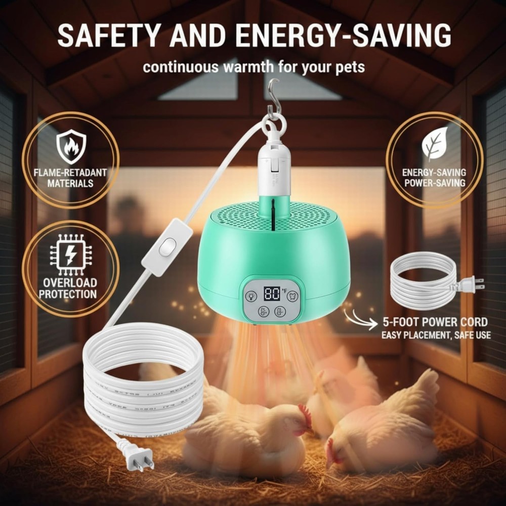 Adjustable Temperature Chicken Coop Heater with Safety Features - 200W & LED