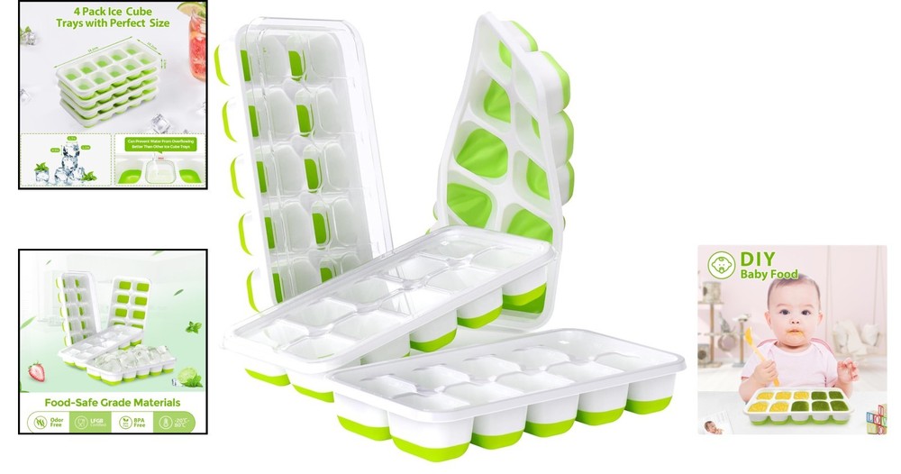 Versatile Stackable Ice Cube Tray Set with Spill-Proof Lids - 4 Silicone Trays