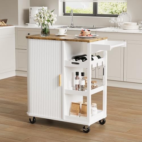 Small Rolling Kitchen Island Cart with Sliding Doors, 35.3“ Mobile Kitchen