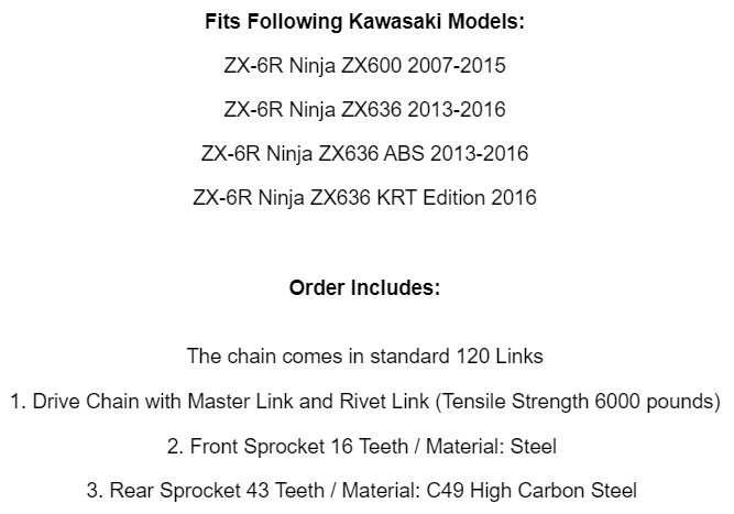 Drive Chain & Sprockets for Kawasaki ZX-6R Ninja ZX600 ZX636 2007 2008 2009-2016