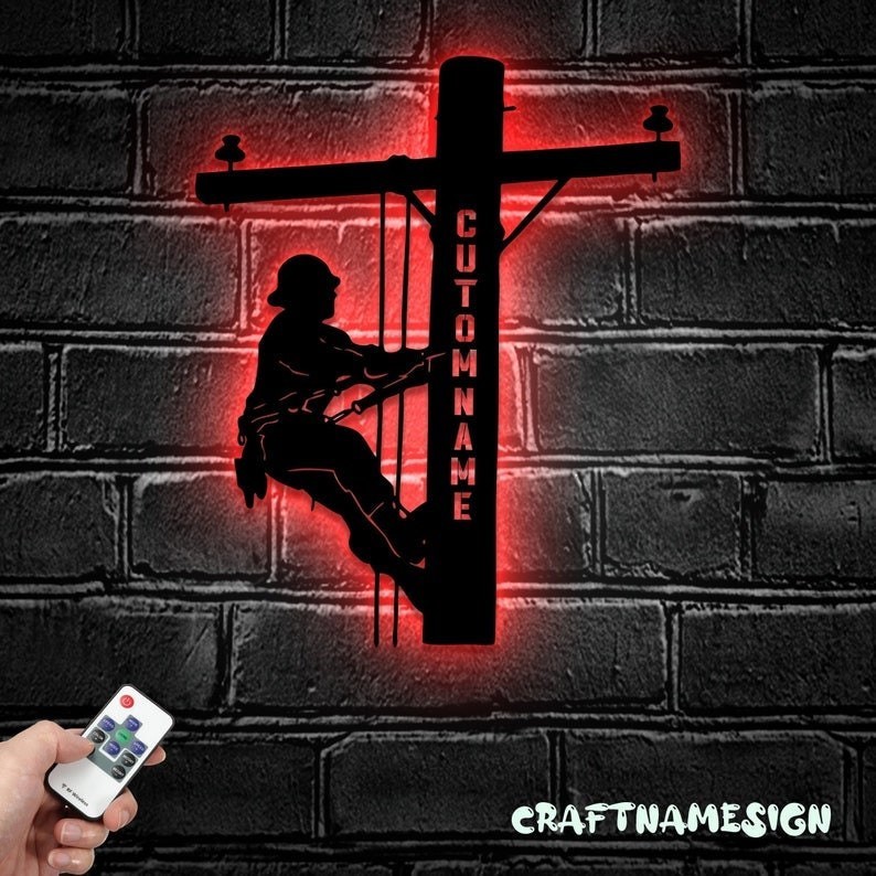 Personalized US Lineman Metal LED Sign, Custom Name Wall Decor