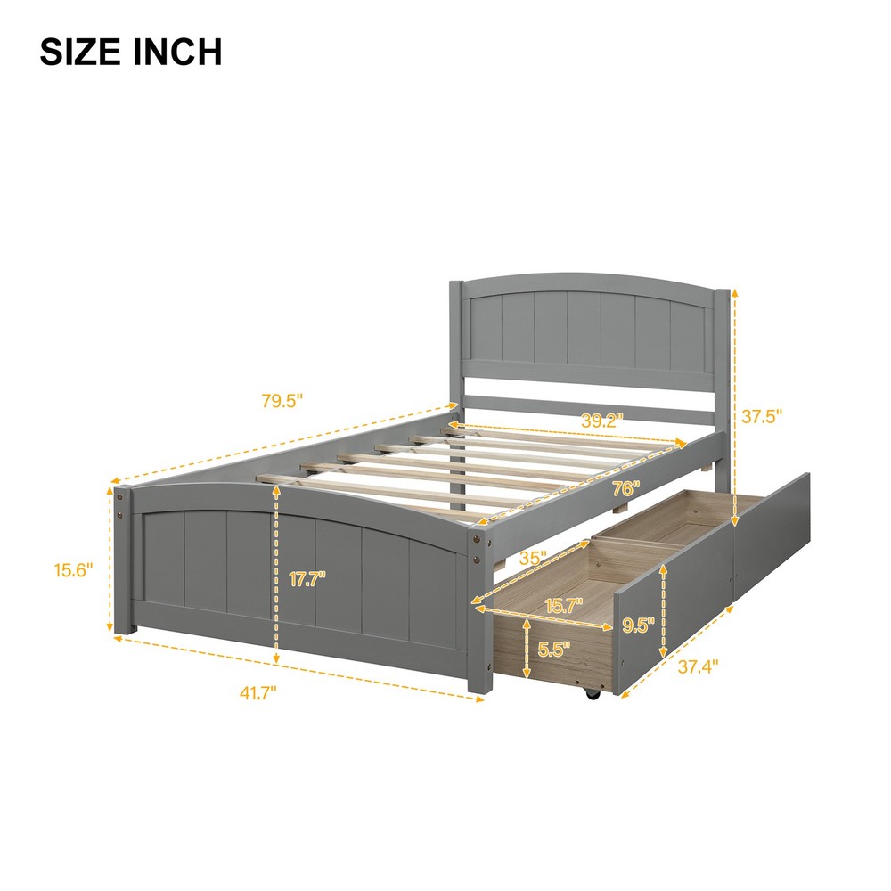 Twin size Platform Bed with Two Drawers Gray