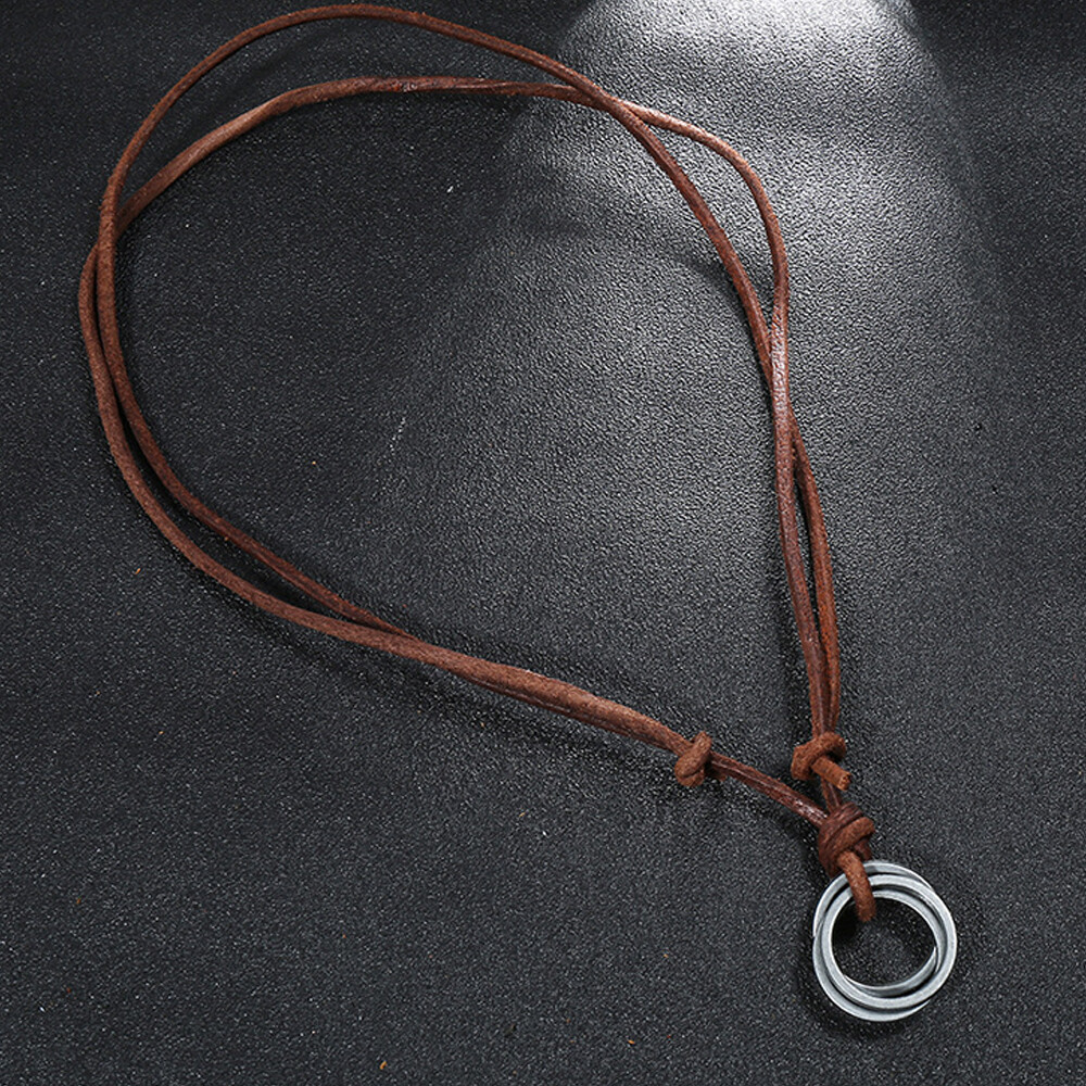 Retro Metal Rings Pendant Genuine Leather Surfer Choker Long Necklace Brown Mens