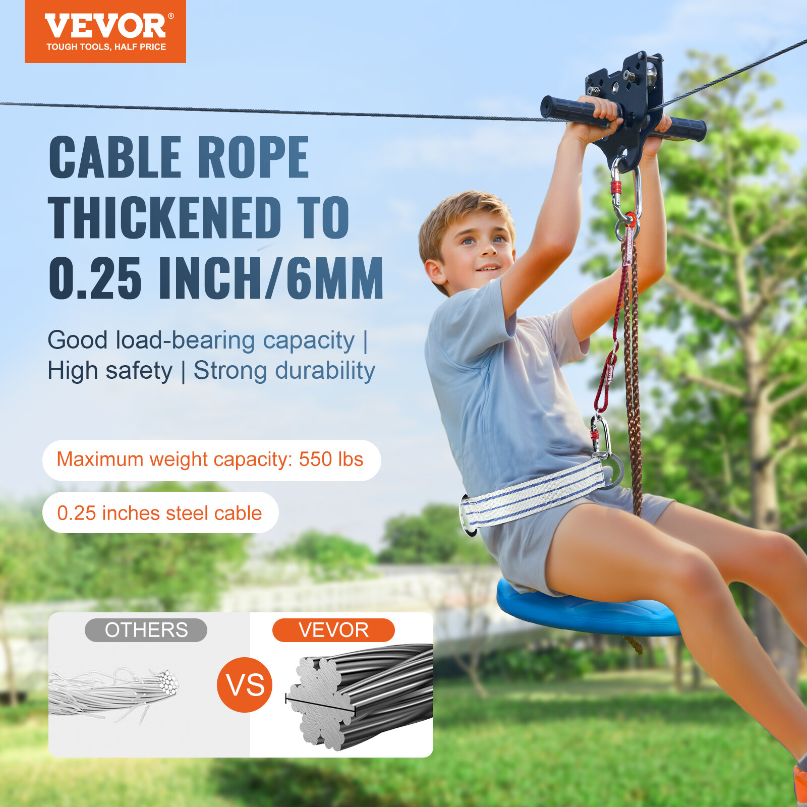 VEVOR 160 ft Zip Line Kit for Kids Adult Trolley Slackers Zipline Up to 500 lb