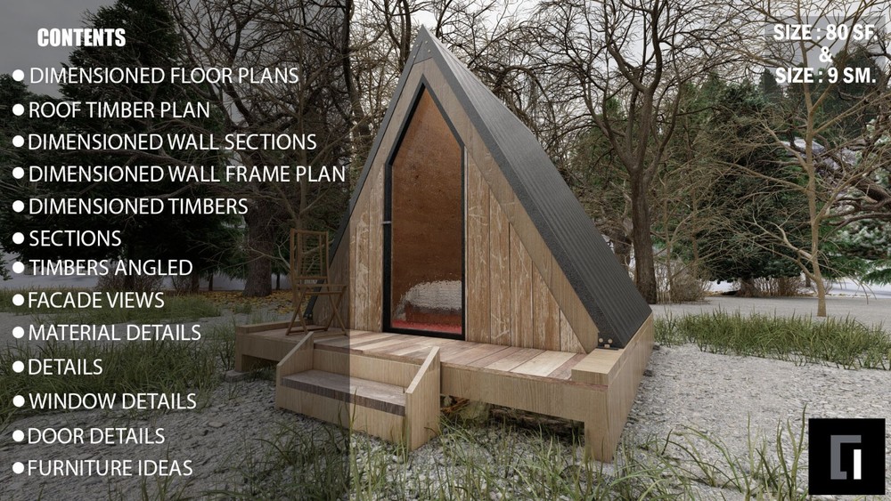 80SF A-Frame Cabin House Architectural Plan 80SF , DIY Tiny House Plan