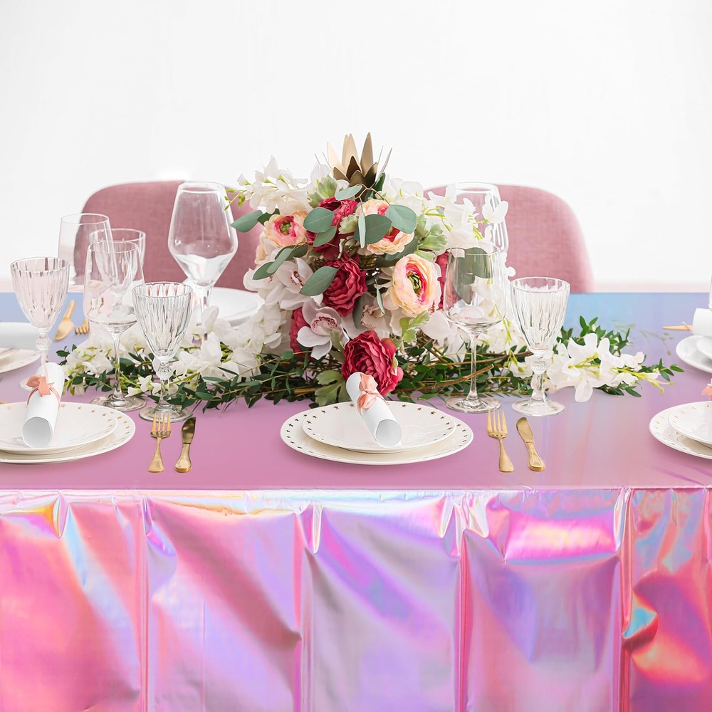 4 Pack Iridescent Pink Plastic Tablecloths, Shiny Disposable Laser Rectangle ...