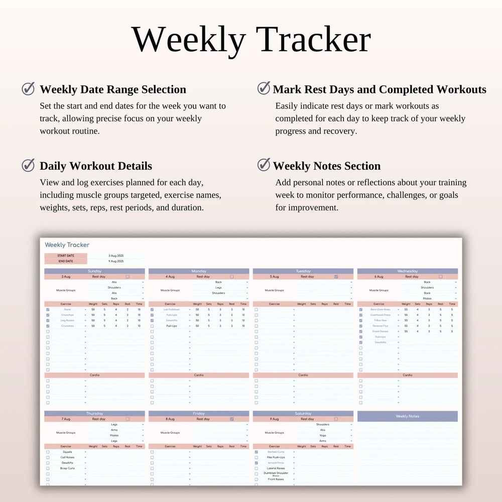 Fitness Planner Template Spreadsheet for Google Sheets & Excel