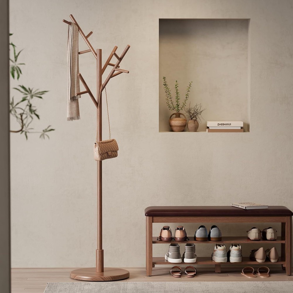 Solid wood freestanding coat rack with 12 hooks and 3 adjustable heights
