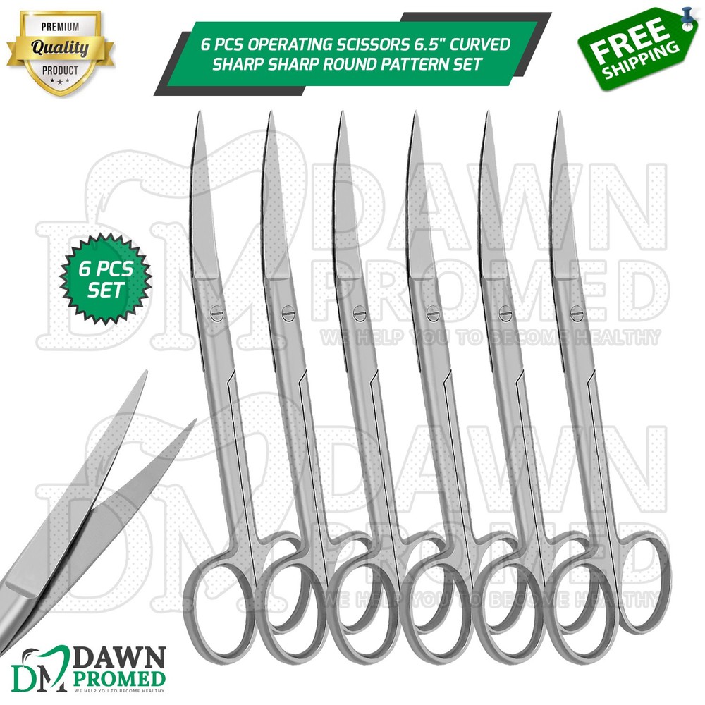 6 Pcs Operating Scissors 6.5" Curved Sharp Sharp Round Pattern Surgical Set