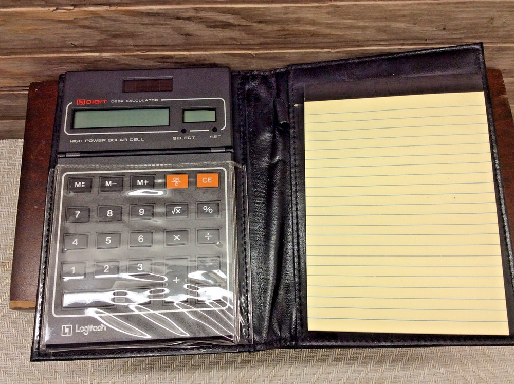 Logitech Solar Calculator Adjustable Head Soft Folding Case Notepad Vintage NOS