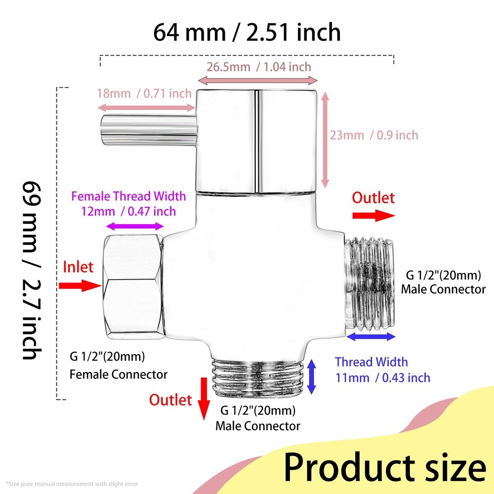G1/2" Shower Head Diverter Valve, Solid Brass Arm Chrome Finish