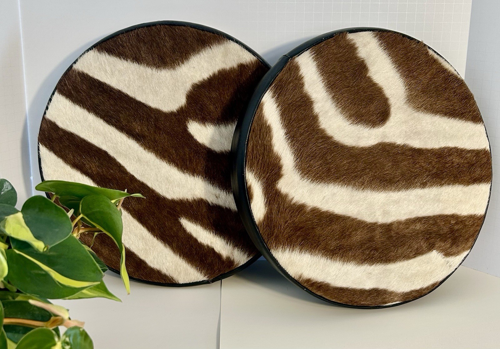 Pair of Vintage Authentic Zebra Hide Cushions - Safari African Animal Round 14”